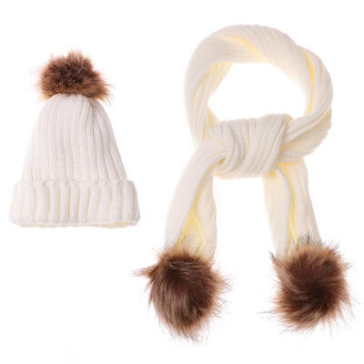 

2pcs Cute Children Girls Pompom Fleece Hats Scarf Kids Winter Warm Set Gift