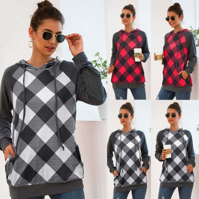 

New Autumn Women´s Plaid Sweatshirts Pullover Hooded Tops with Drawstrings Casual Long Sleeve Hoodie Blouse -XL