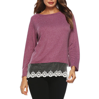 

Nomeni Women Casual Long Sleeve Lace Patchwork O Neck T Shirt Top Blouse