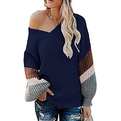 

Tailored Womens V Neck Long Sleeve Striped ColorBlock Knitted Chunky Pullover Sweater