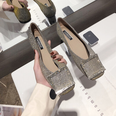 

Bean shoes women flat bottom summer Korean rhinestone Joker soft bottom shallow square head shoes women tide