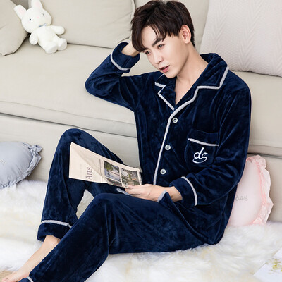 

Dings grate pajamas men&women Korean version of autumn&winter models couples flannel thickening plus velvet long-sleeved men&women warm home service suit J4889 rich blue L
