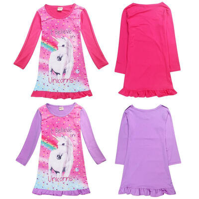 

Cute Kids Girls Unicorn Horse Long Sleeve Skirt Dress Pajamas Sleepwear 4-10Y