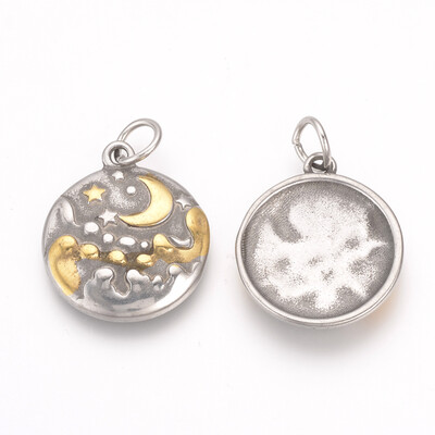 

316 Stainless Steel Pendants Flat Round Carved Pattern Antique Silver & Golden 23x20x3mm Hole 5mm