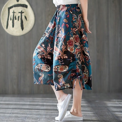 

Women Retro Print Elastic Loose Wide Leg Loose Cotton Linen Elastic Waist Seven Points Straight Casual Trousers