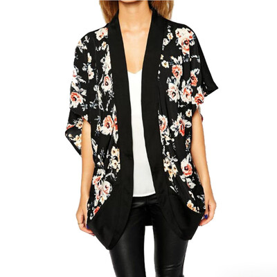 

Toponeto Women Floral Printed Splice Chiffon Shawl Kimono Cardigan Tops Cover up
