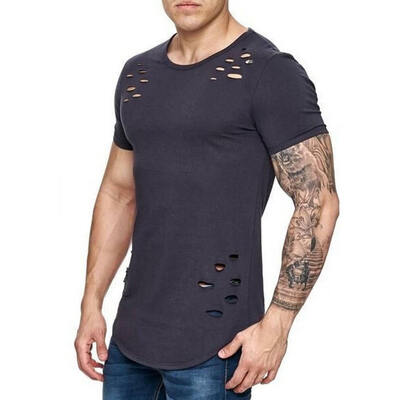 

Mens Slim Fit O Neck Short Sleeve Muscle Tee T-shirt Ripped Casual Tops Blouse