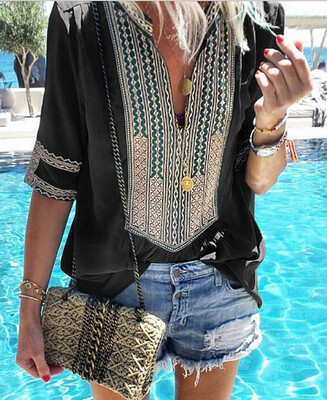 

Summer Women T-Shirt Boho Print Tee Deep V-Neck Long Sleeve Shirts Top Blouse