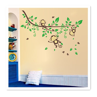 

Naughty Monkey Wall Stickers on Fresh Green Leaf Branches Kindergarten Childrens Room Opening Season Decorations Swinging Monkeys