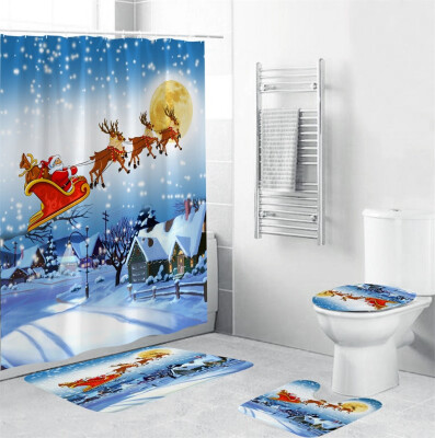 

Gobestart 4Pcs Christmas shower Curtain Bathroom Anti-slip Carpet Rug Toilet Cover Mat Set