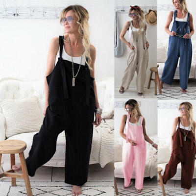 

AU Women Dungaree Cotton Linen Jumpsuit Playsuit Baggy Romper Trousers Plus Size