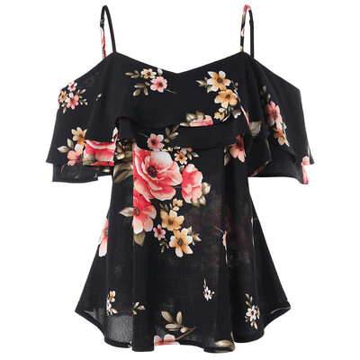 

Floral Print Cold Shoulder Ruffled Blouse