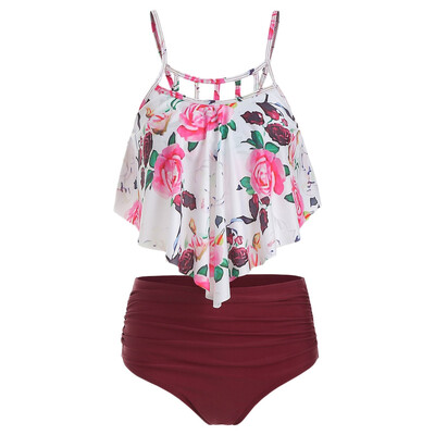 

Floral Print Cut Out Overlay Tankini Set