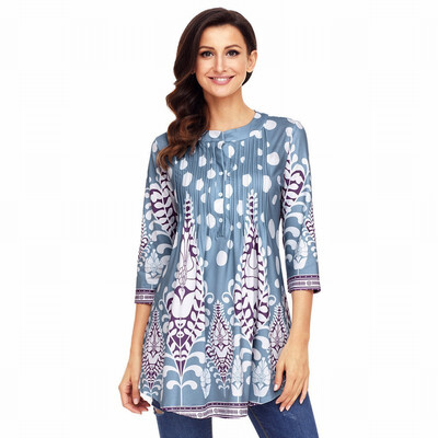 

Round neck cropped sleeve printed single-breasted bohemian straight top