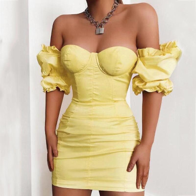 

Cross-border new 2019 European&American womens fashion strapless sexy court puff sleeve short skirt dress female Spot