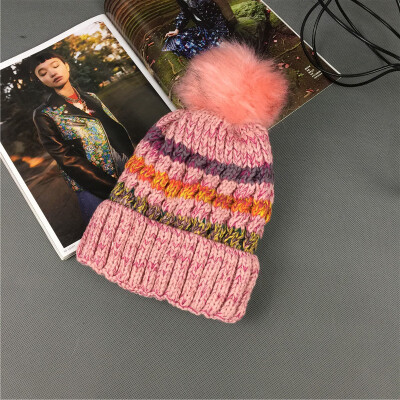 

Winter warm wool cap woman candy color rainbow knitted hat hair ball curling cover hat tide ear cap wholesale