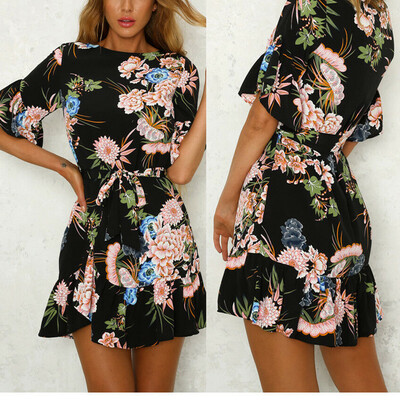 

Women Summer Boho Floral Print Short Mini Dress Evening Cocktail Party Beach Ruffle V Dress Sundress Holiday