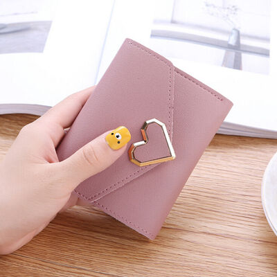

Women Short Leather Wallets Metal Heart Shape Simple Three-fold Money Bag Coin Pockets Purse Card Holders Wallet Clutch Bag