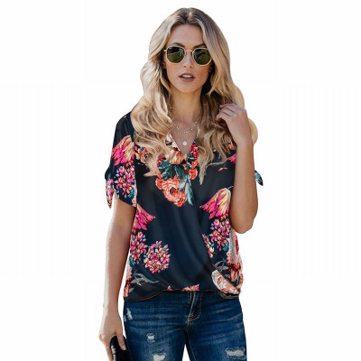 

Printed shirt top Womens V-neck short-sleeved loose shirt