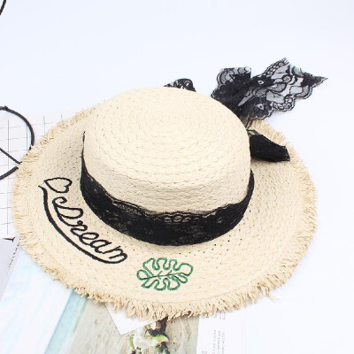 

Fashion Women Letter Embroidery Straw Hat Lace Bowknot Wide Brim Travelling Beach Fisherman Bonnie Chapeau