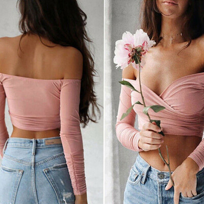 

New Women Sexy Off Shoulder Crop Top Ladies Casual Long Sleeve Shirt Blouse
