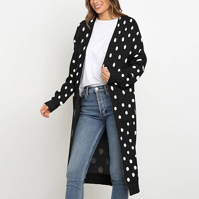 

Women Cardigan Sweater Polka Dot Printed Open Front Long Sleeve Loose Coat -XL