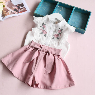 

Summer Baby Girls Clothing Set Children Heart Shirt Bow Shorts Suit Kids Floral Bow Clothes 2pcs Set