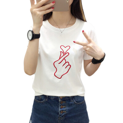 

2XL Heart Embroidery Couples Summer T-shirt Heart O-neck Casual Short Sleeves T shirt For Women Tops Female BlackWhite Color