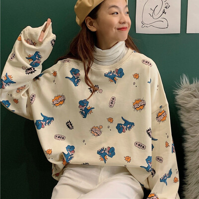 

2019 Kawaii Women Hoodie Dinosaur Printing Cute Cartoon Sweatshirts Female Thin Autumn Winter Clothes Korean Style Sweatshirt