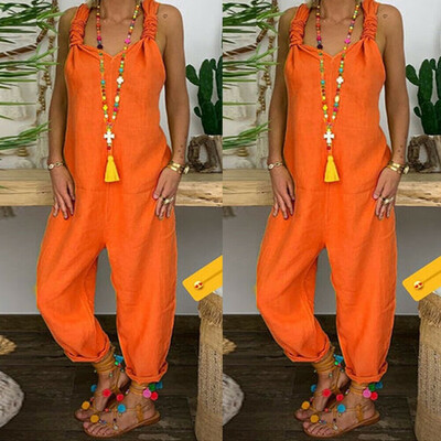 

Womens Casual Loose Linen Pants Cotton Jumpsuit Strap Harem Trousers Overalls