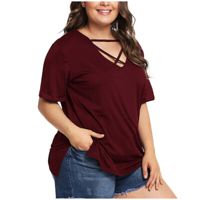 

Starmoon Fashion Women Plus Size V-Neck Solid Short Sleeve Lace Up Tops Tee