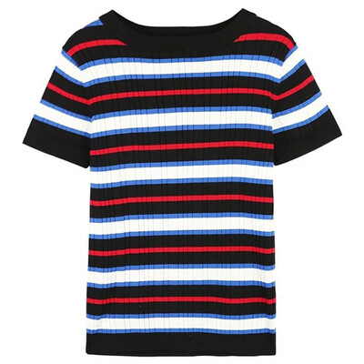 

Striped Knitted Women T Shirts Summer O-Neck Short Sleeve Tees Korean