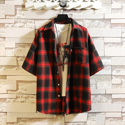 

Tailored Summer Fashion Short-sleeved Plaid Stitching Casual Mens Shirt Jacket Top Blouse