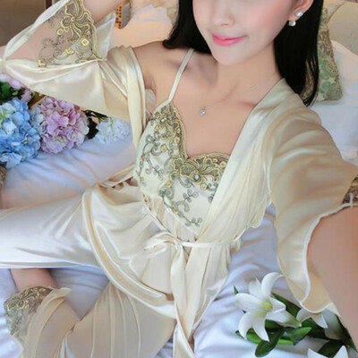 

3pcs Women Sexy Lace Lingerie Satin Nightwear Sleepwear Pajama Set Robe Ladies