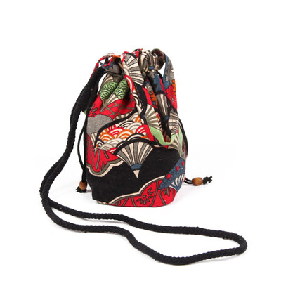 

Ethnic Fans Printed Cotton Linen Mini Drawstring Crossbody Shoulder Bucket Bag