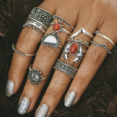 

14pcsSet Bohemian Lady Suit Ring retro silver carved turquoise Diamond Carving Ring