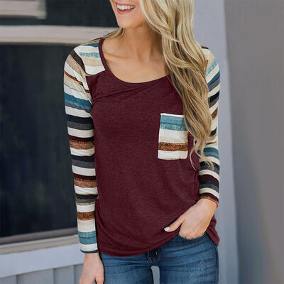 

Women Casual Round Neck Shirts Tops Winter Striped Long Sleeve T-Shirt Pullover