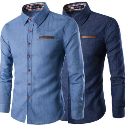 

Mens Long Sleeve Button Down Blue Denim Shirt Casual Slim Fit Tops Coat Blouses