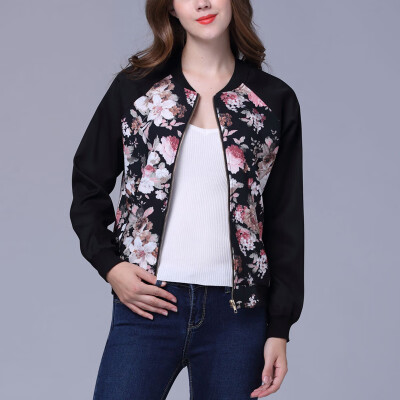 

Ladies Floral Retro Slim Fit Coat Womens Casual Zipper Up Outwear Bomber Jacket