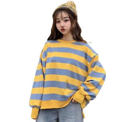 

New Hot Sale Women Autumn Spring Stripes Print Slim Sweatshirts Long Sleeved Round Collar Slim Casual Sweatshirts