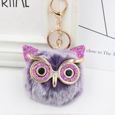 

Women Owl Faux Rabbit Fur Fluffy Key chain Key Ring Pompom Ball Pendant Cute