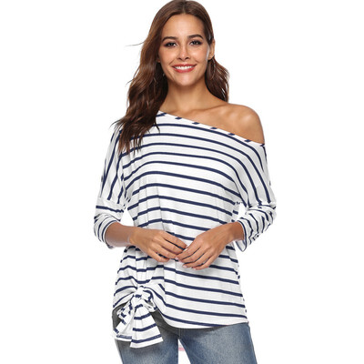 

T-Shirts Womem Striped Printed Bow Tee One Shoulder Irregular Top Female Batwing Sleeves Loose Casual Tee Top Streetwear