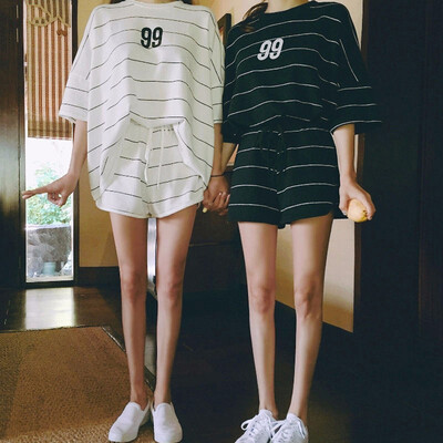 

Women Summer Loose Simple Stripes Print Short-sleeved Tops Drawstring Short Two-Piece Suit