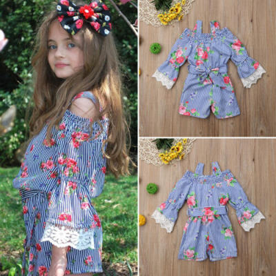 

Toddler Kids Baby Girl Bowknot Flower Stripe Lace Romper Jumpsuit Outfit Clothes