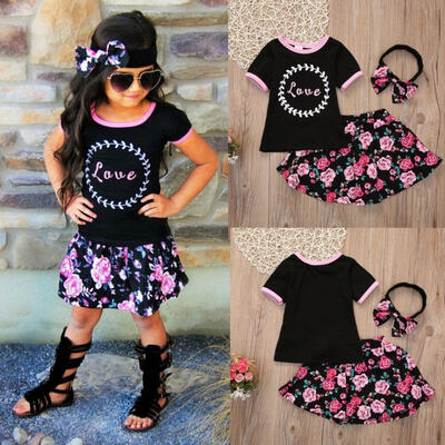 

3Pcs Children Kids Baby Girls T-shirt Tops Floral Skirts Outfits Set Party Dress 1-6Y