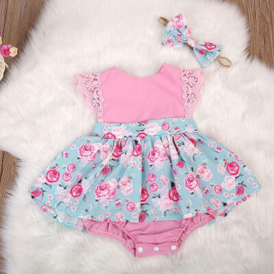 

2Pcs Lovely Baby Girls Kids Floral Princess Dress Lace Romper Summer Dresses Headband