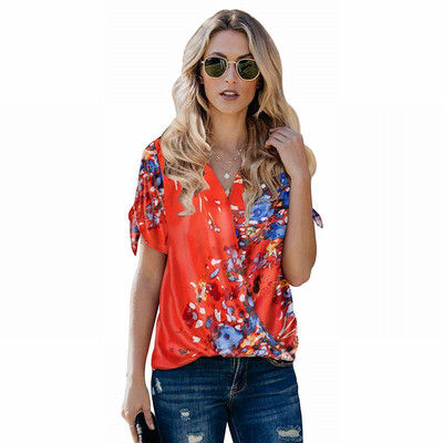 

Printed shirt top Womens V-neck short-sleeved loose shirt