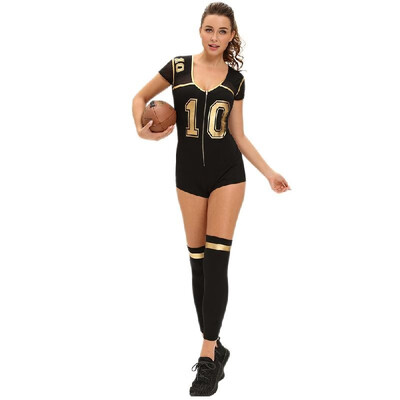 

Women Jumpsuit Football Girls Cosplay Costume Three-Piece Set Numbers Print Mesh Playsuit Rompers Bodysuit Black