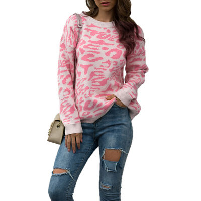 

Women Autumn Stylish Concise Casual Long Sleeve Round Collar Leopard Printed Sweater