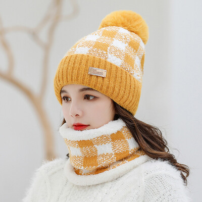 

Hat womens winter wool hat plus velvet knitted hat warm ear guard neck set two-piece set of wool ball hat cute hat
